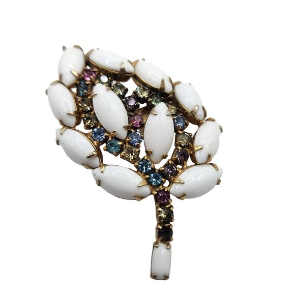 Vintage Leaf Multicolor Rhinestone Brooch Milk White & Aurora Borealis - Picture 4 of 6